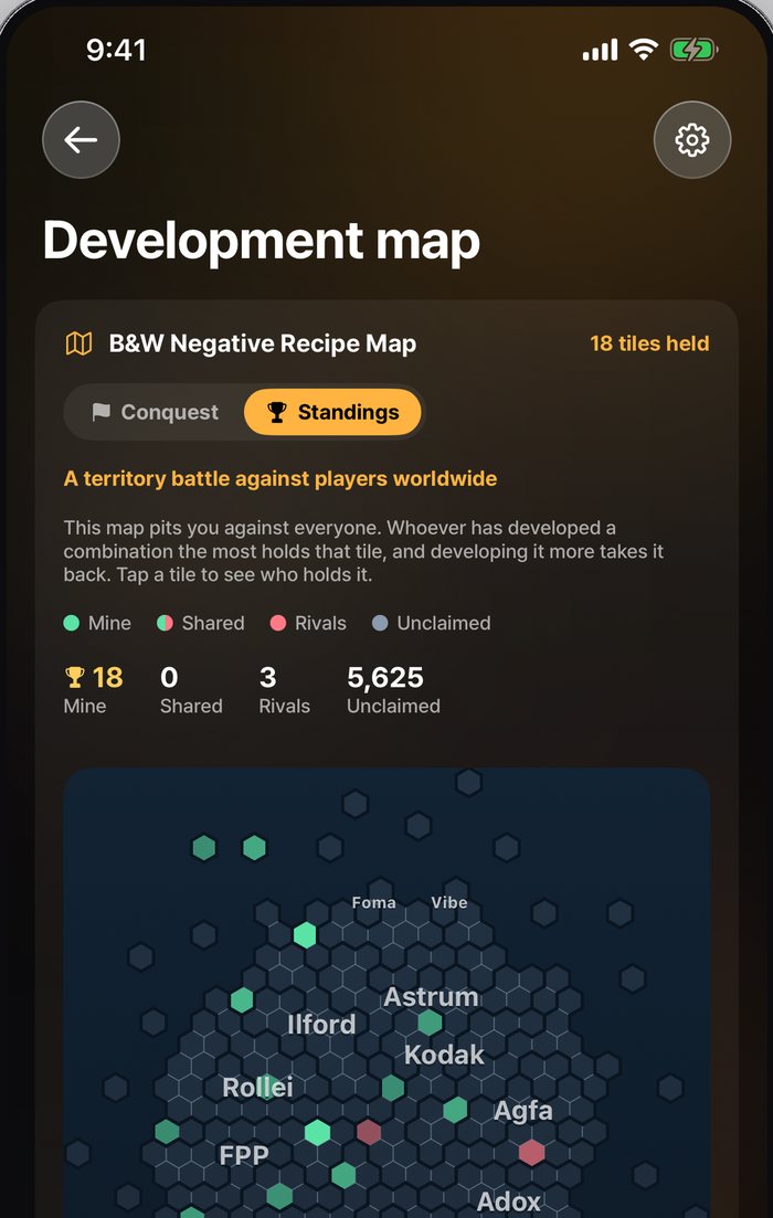 The FilmDevMate development map, a field of hexagonal tiles grouped by film brand, showing which combinations are claimed.